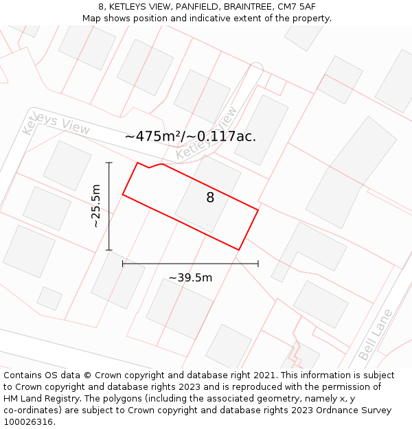 8, KETLEYS VIEW, PANFIELD, BRAINTREE, CM7 5AF: Plot and title map