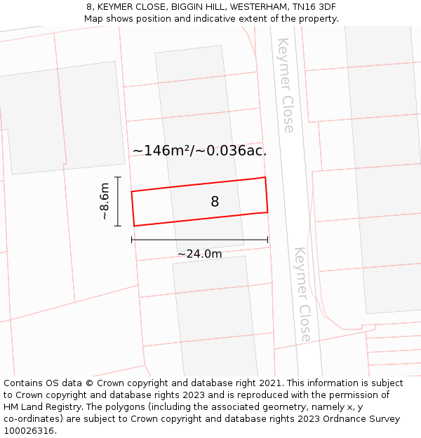 8, KEYMER CLOSE, BIGGIN HILL, WESTERHAM, TN16 3DF: Plot and title map