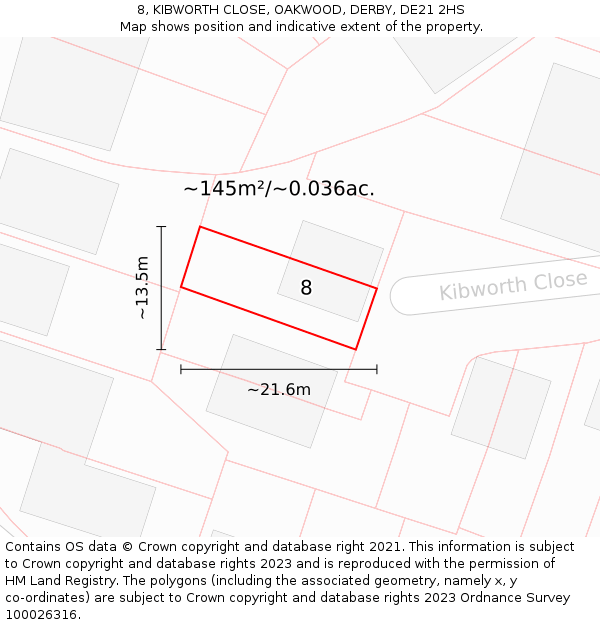 8, KIBWORTH CLOSE, OAKWOOD, DERBY, DE21 2HS: Plot and title map