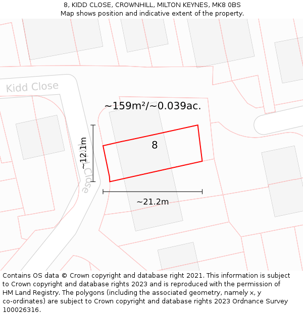 8, KIDD CLOSE, CROWNHILL, MILTON KEYNES, MK8 0BS: Plot and title map