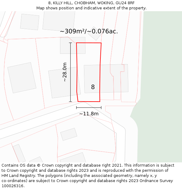 8, KILLY HILL, CHOBHAM, WOKING, GU24 8RF: Plot and title map