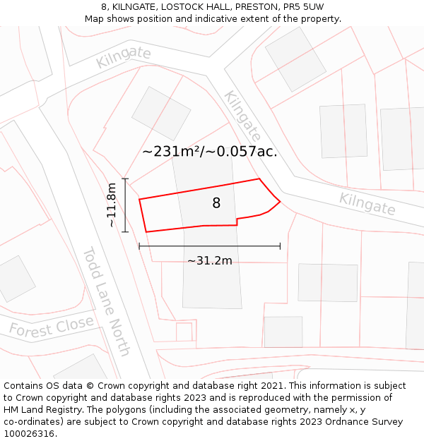 8, KILNGATE, LOSTOCK HALL, PRESTON, PR5 5UW: Plot and title map
