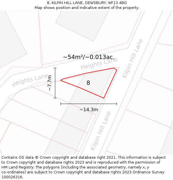 8, KILPIN HILL LANE, DEWSBURY, WF13 4BG: Plot and title map