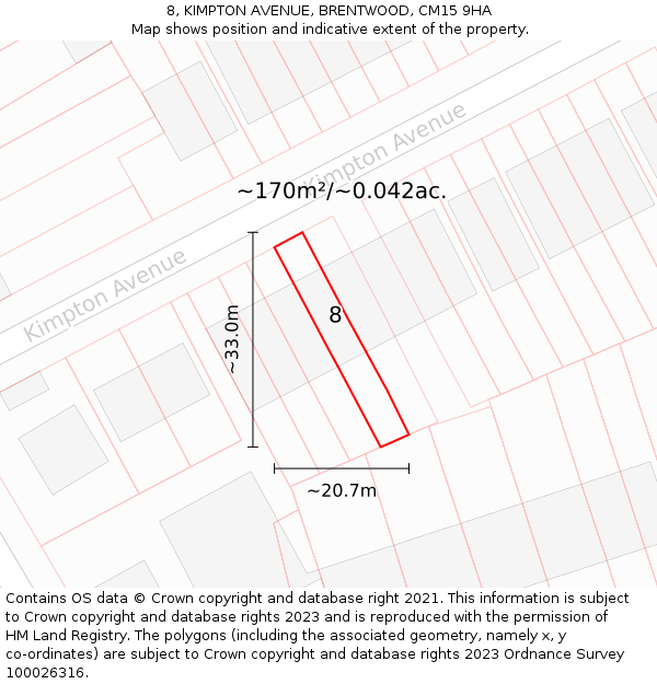 8, KIMPTON AVENUE, BRENTWOOD, CM15 9HA: Plot and title map