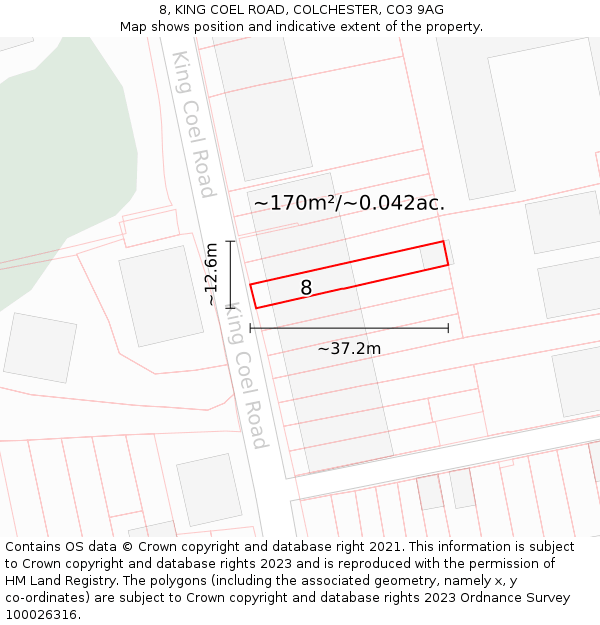 8, KING COEL ROAD, COLCHESTER, CO3 9AG: Plot and title map