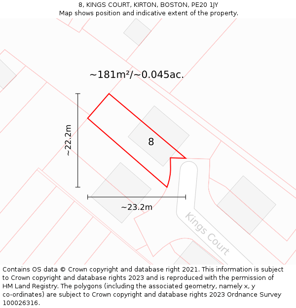 8, KINGS COURT, KIRTON, BOSTON, PE20 1JY: Plot and title map