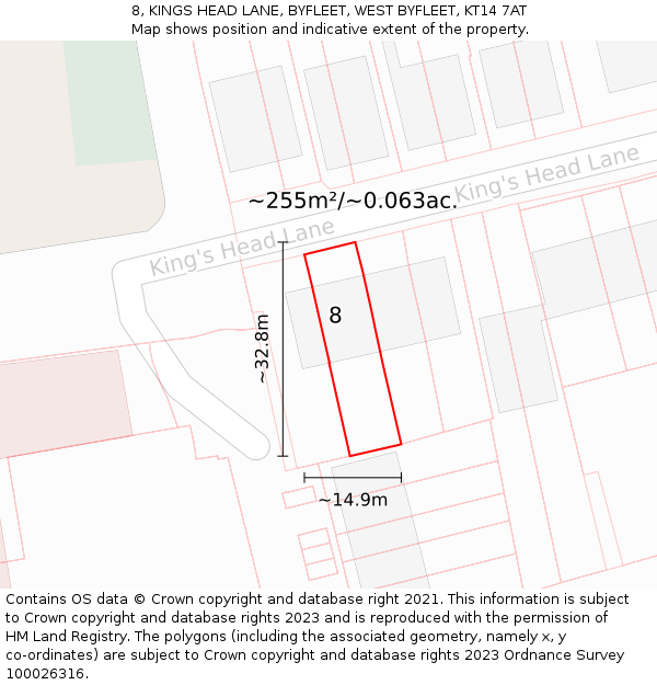 8, KINGS HEAD LANE, BYFLEET, WEST BYFLEET, KT14 7AT: Plot and title map