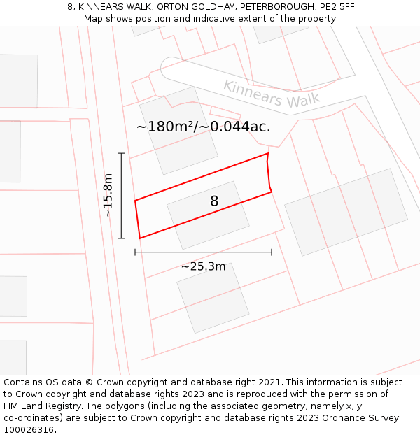 8, KINNEARS WALK, ORTON GOLDHAY, PETERBOROUGH, PE2 5FF: Plot and title map