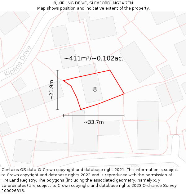 8, KIPLING DRIVE, SLEAFORD, NG34 7FN: Plot and title map