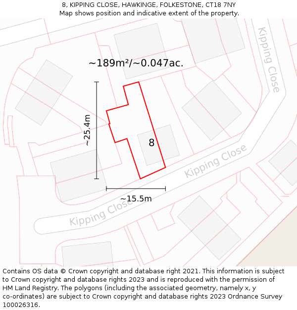 8, KIPPING CLOSE, HAWKINGE, FOLKESTONE, CT18 7NY: Plot and title map