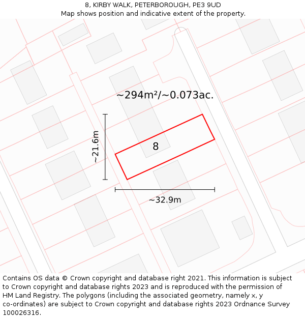 8, KIRBY WALK, PETERBOROUGH, PE3 9UD: Plot and title map