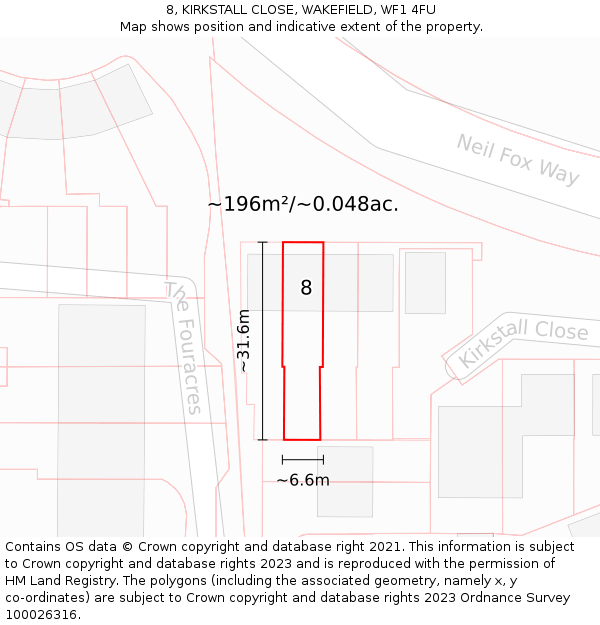 8, KIRKSTALL CLOSE, WAKEFIELD, WF1 4FU: Plot and title map