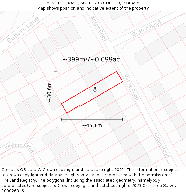 8, KITTOE ROAD, SUTTON COLDFIELD, B74 4SA: Plot and title map