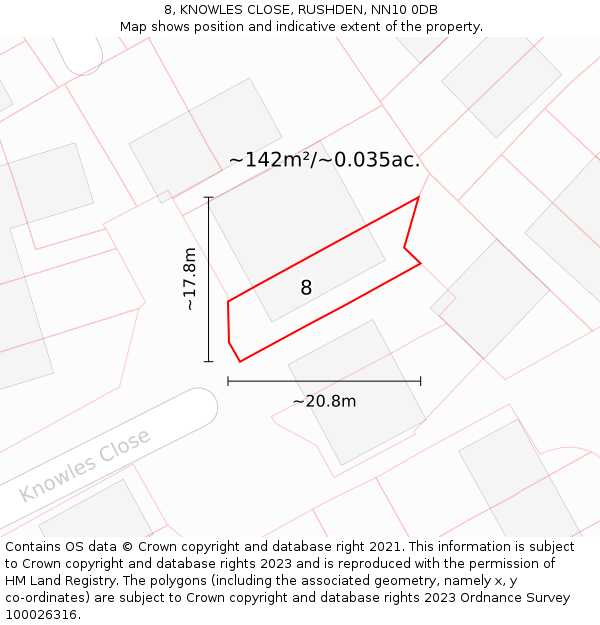 8, KNOWLES CLOSE, RUSHDEN, NN10 0DB: Plot and title map