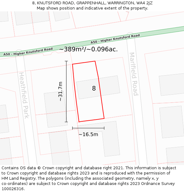 8, KNUTSFORD ROAD, GRAPPENHALL, WARRINGTON, WA4 2JZ: Plot and title map