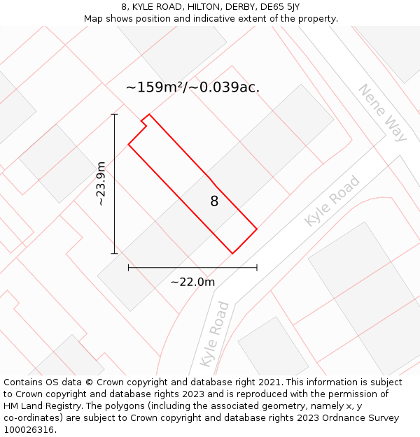 8, KYLE ROAD, HILTON, DERBY, DE65 5JY: Plot and title map