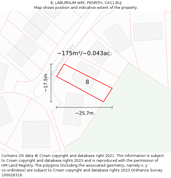 8, LABURNUM WAY, PENRITH, CA11 8UJ: Plot and title map