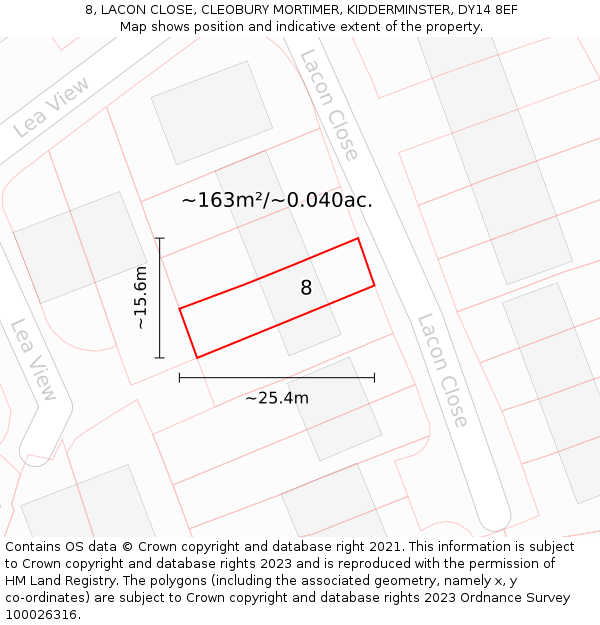 8, LACON CLOSE, CLEOBURY MORTIMER, KIDDERMINSTER, DY14 8EF: Plot and title map