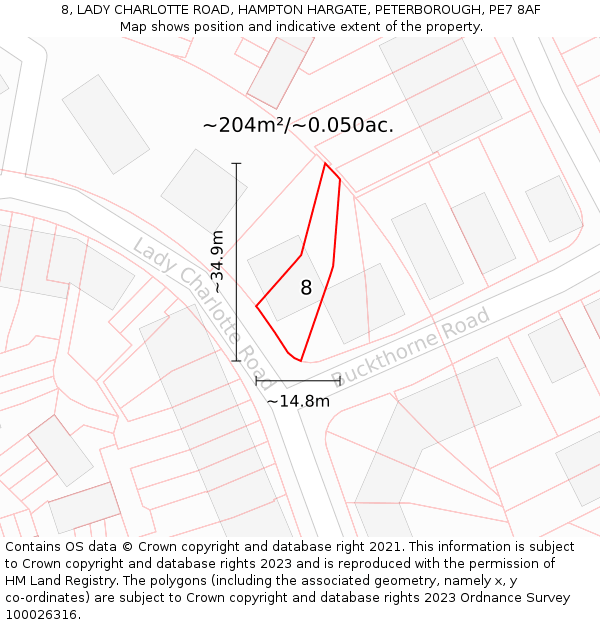 8, LADY CHARLOTTE ROAD, HAMPTON HARGATE, PETERBOROUGH, PE7 8AF: Plot and title map