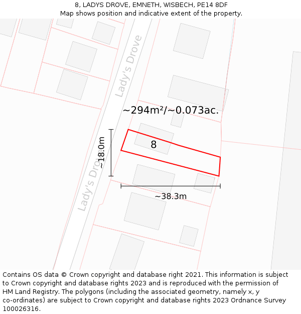 8, LADYS DROVE, EMNETH, WISBECH, PE14 8DF: Plot and title map