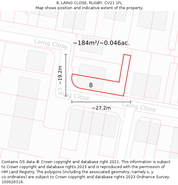 8, LAING CLOSE, RUGBY, CV21 1FL: Plot and title map