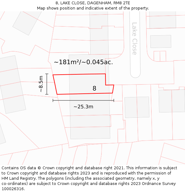 8, LAKE CLOSE, DAGENHAM, RM8 2TE: Plot and title map