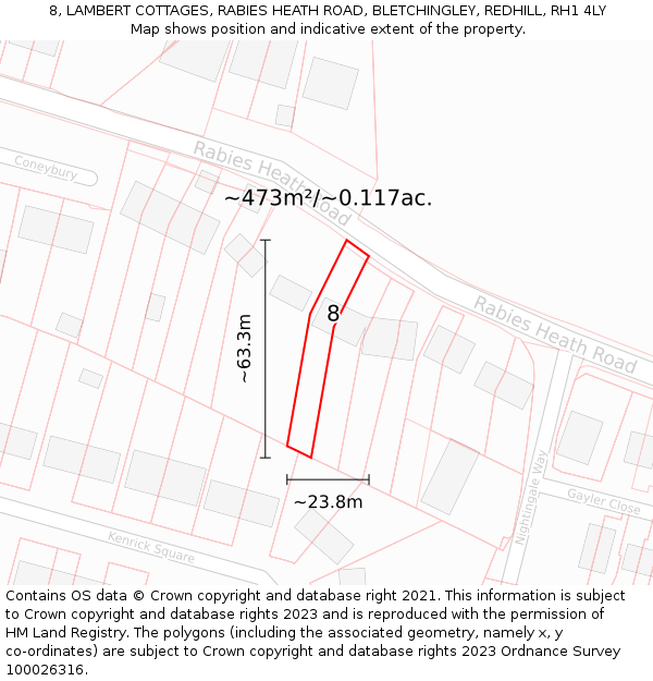 8, LAMBERT COTTAGES, RABIES HEATH ROAD, BLETCHINGLEY, REDHILL, RH1 4LY: Plot and title map