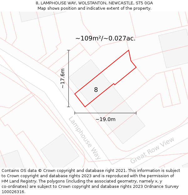 8, LAMPHOUSE WAY, WOLSTANTON, NEWCASTLE, ST5 0GA: Plot and title map