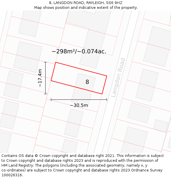 8, LANGDON ROAD, RAYLEIGH, SS6 9HZ: Plot and title map