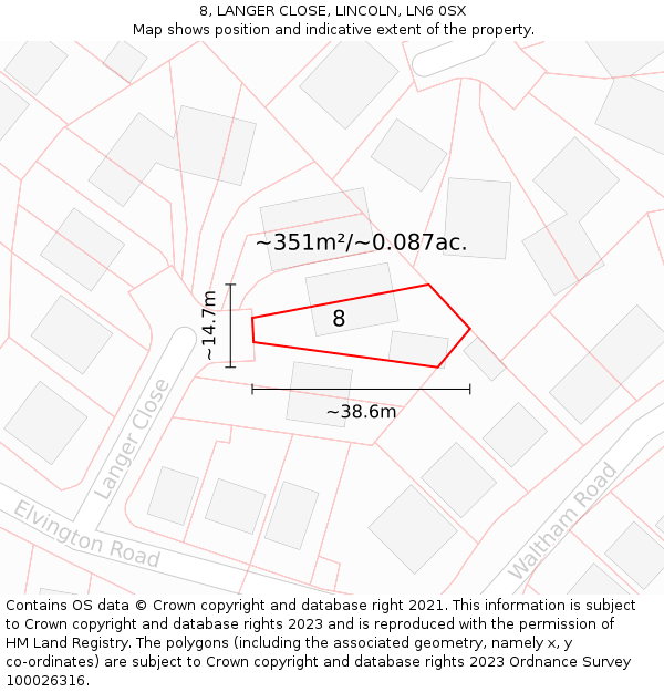 8, LANGER CLOSE, LINCOLN, LN6 0SX: Plot and title map
