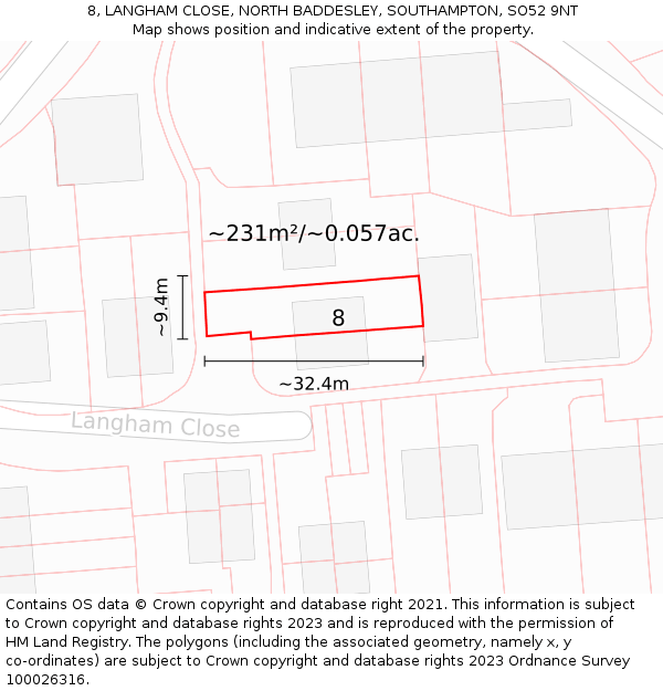 8, LANGHAM CLOSE, NORTH BADDESLEY, SOUTHAMPTON, SO52 9NT: Plot and title map