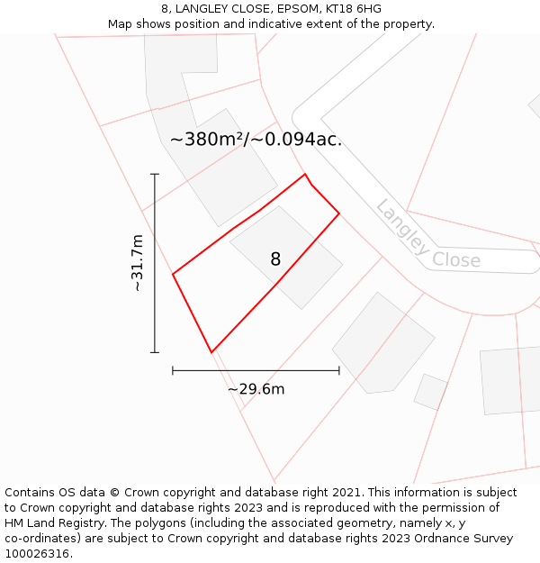 8, LANGLEY CLOSE, EPSOM, KT18 6HG: Plot and title map
