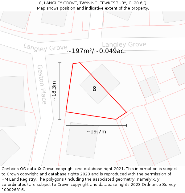 8, LANGLEY GROVE, TWYNING, TEWKESBURY, GL20 6JQ: Plot and title map