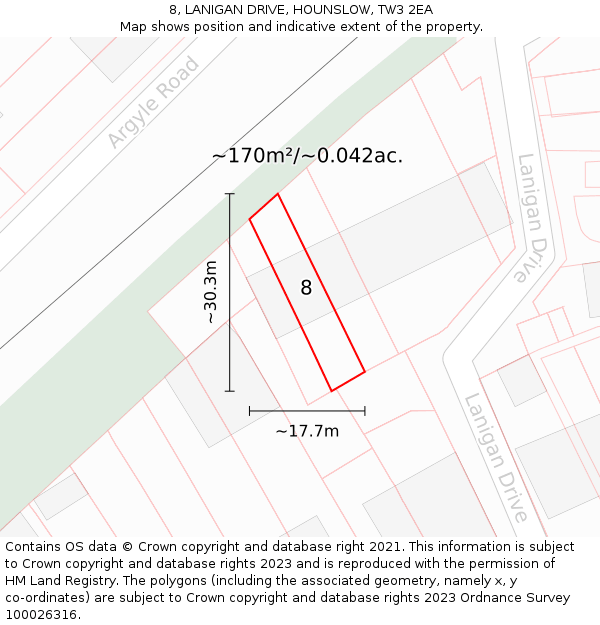 8, LANIGAN DRIVE, HOUNSLOW, TW3 2EA: Plot and title map