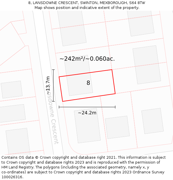 8, LANSDOWNE CRESCENT, SWINTON, MEXBOROUGH, S64 8TW: Plot and title map