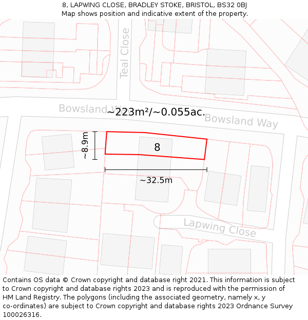 8, LAPWING CLOSE, BRADLEY STOKE, BRISTOL, BS32 0BJ: Plot and title map