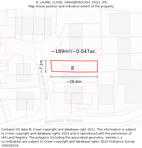 8, LAUREL CLOSE, GAINSBOROUGH, DN21 1FE: Plot and title map