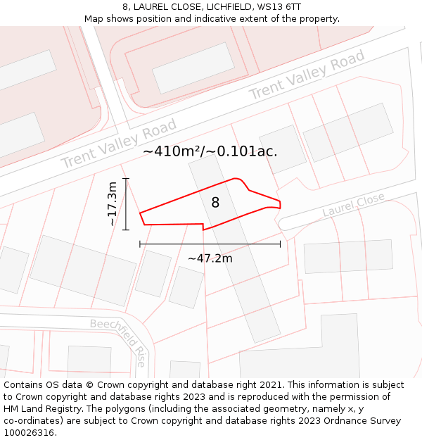 8, LAUREL CLOSE, LICHFIELD, WS13 6TT: Plot and title map