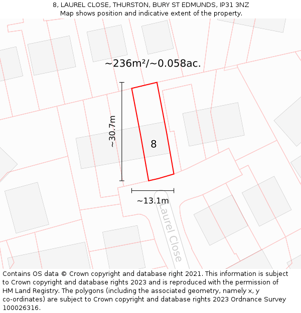 8, LAUREL CLOSE, THURSTON, BURY ST EDMUNDS, IP31 3NZ: Plot and title map