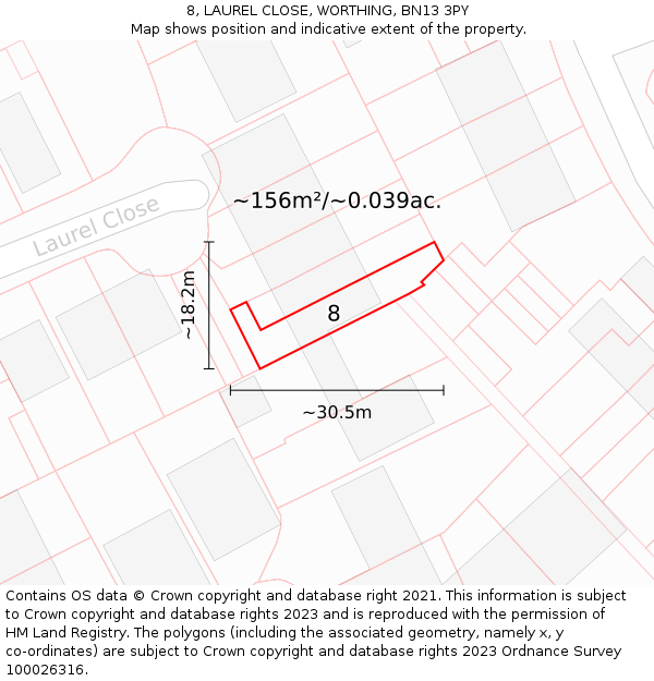 8, LAUREL CLOSE, WORTHING, BN13 3PY: Plot and title map