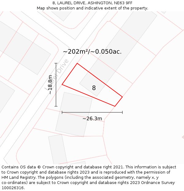 8, LAUREL DRIVE, ASHINGTON, NE63 9FF: Plot and title map