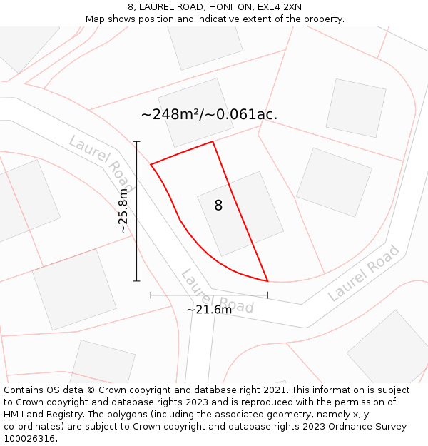 8, LAUREL ROAD, HONITON, EX14 2XN: Plot and title map