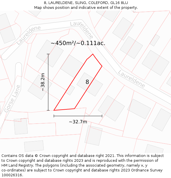 8, LAURELDENE, SLING, COLEFORD, GL16 8LU: Plot and title map