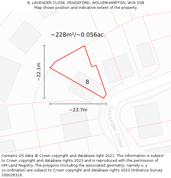 8, LAVENDER CLOSE, PENDEFORD, WOLVERHAMPTON, WV9 5SB: Plot and title map