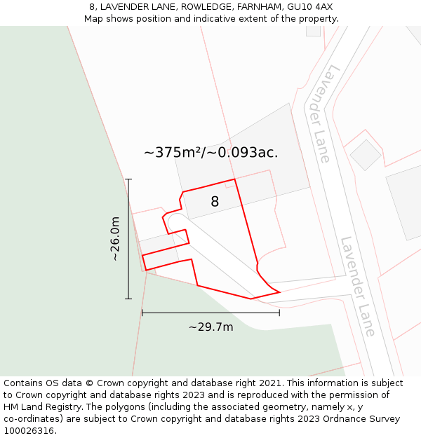 8, LAVENDER LANE, ROWLEDGE, FARNHAM, GU10 4AX: Plot and title map