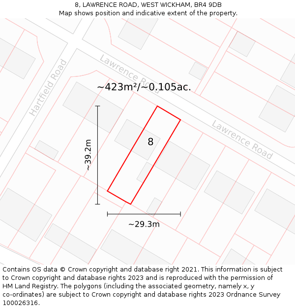 8, LAWRENCE ROAD, WEST WICKHAM, BR4 9DB: Plot and title map