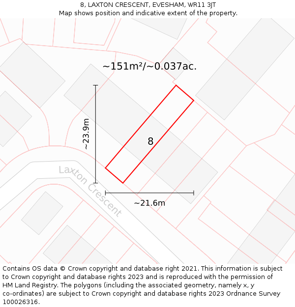 8, LAXTON CRESCENT, EVESHAM, WR11 3JT: Plot and title map