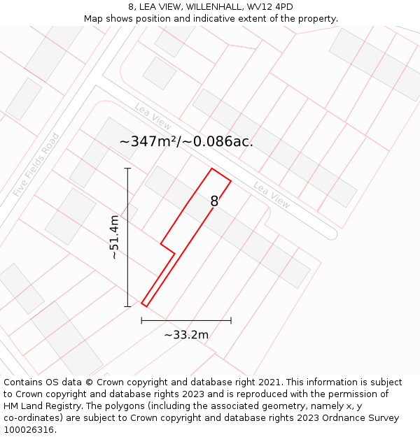 8, LEA VIEW, WILLENHALL, WV12 4PD: Plot and title map