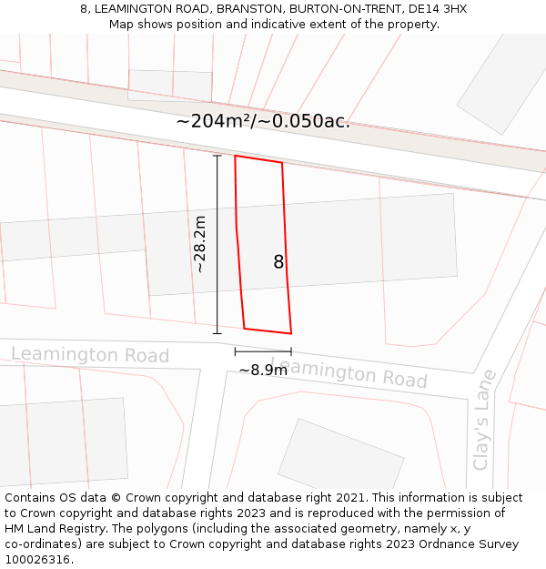 8, LEAMINGTON ROAD, BRANSTON, BURTON-ON-TRENT, DE14 3HX: Plot and title map