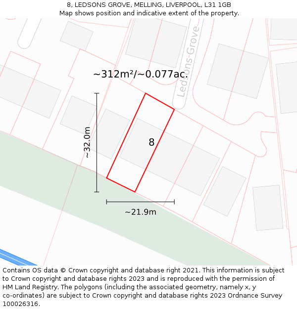 8, LEDSONS GROVE, MELLING, LIVERPOOL, L31 1GB: Plot and title map